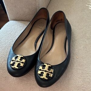 Tory Burch Black Flats with Gold Logo